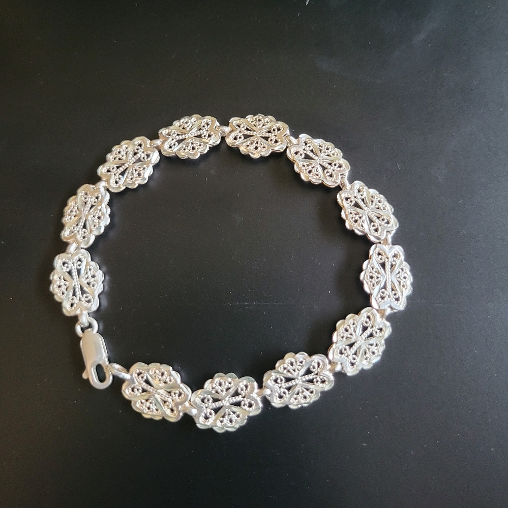 🌸 Sterling Silver Filigree Link Bracelet 🌸.925 Silver • Marked NF • Vintage-